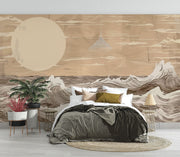 Minimalist ocean waves wall mural in beige and brown tones, featuring stylized waves and a large sun, perfect for modern and coastal-inspired bedroom decor.