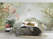 Watercolor-style flamingo wall mural with soft pastel tropical leaves, creating a serene and elegant nature-inspired interior décor.