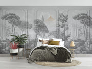 Grand Chateau Wall Mural featuring a grayscale European landscape with architectural details, trees, and a timeless, elegant aesthetic