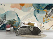 Absract floral wall mural decorating a bedroom.