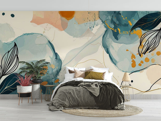 Absract floral wall mural decorating a bedroom.