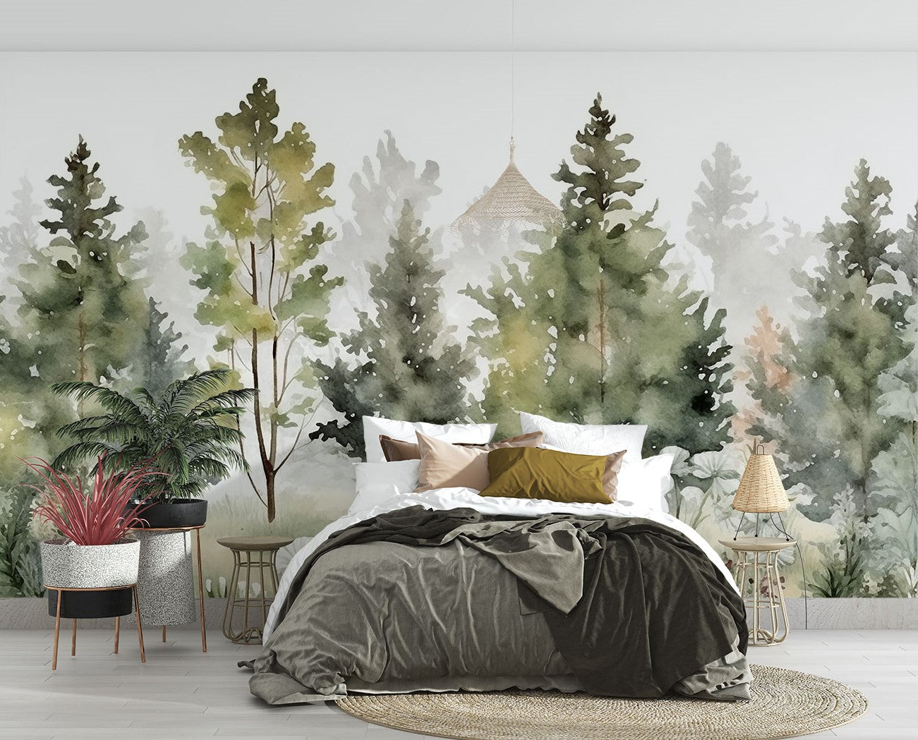 Watercolor forest wall mural with soft green pine trees and a misty effect, creating a peaceful and artistic woodland-inspired space.