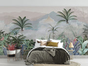 Exotic tropical wall mural with lush foliage, palm trees, and vibrant flowers in a jungle-inspired design.