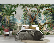 Lush jungle wall mural featuring a mystical forest landscape with dense greenery, exotic plants, and a serene pathway.