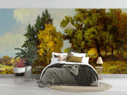 Hand-painted wall mural featuring golden forest trees, a winding pathway, and warm sunlight illuminating a peaceful woodland landscape.