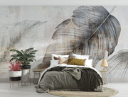 Textured feather wall mural in neutral grey and beige tones, featuring oversized artistic feather details, perfect for modern and minimalist interiors.