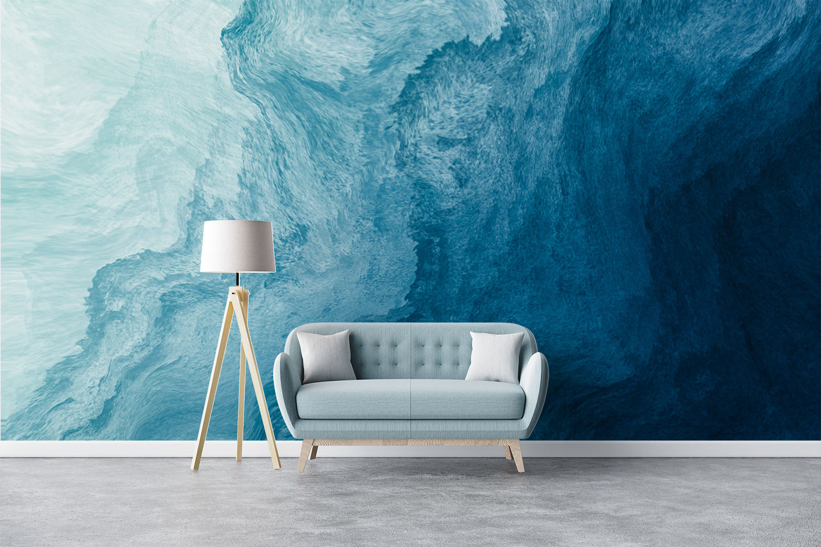 Deep blue abstract wall mural with flowing textures, creating a calming and elegant bedroom atmosphere.