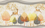 Golden Deer & Autumn Leaves Wall Mural – Elegant Nature-Inspired Wallpaper with Floral Antler Deer and Warm Autumn Hues for Luxury Interiors.