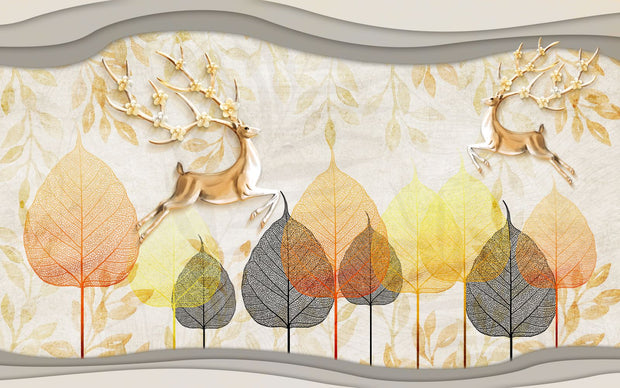 Golden Deer & Autumn Leaves Wall Mural – Elegant Nature-Inspired Wallpaper with Floral Antler Deer and Warm Autumn Hues for Luxury Interiors.