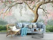 Elegant blooming tree mural with pastel flowers, flowing branches, and a dreamy misty background, perfect for nature-inspired interior decor.