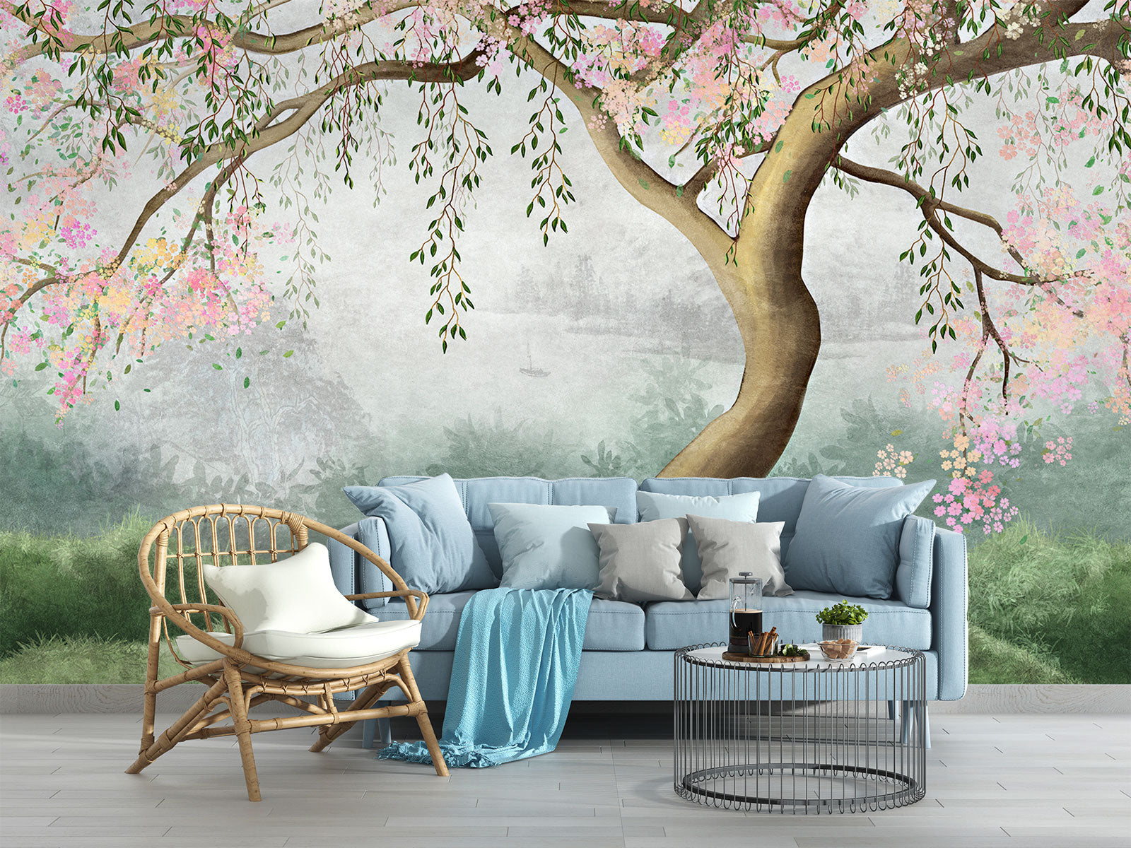 Elegant blooming tree mural with pastel flowers, flowing branches, and a dreamy misty background, perfect for nature-inspired interior decor.