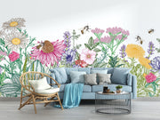 Wildflower Haven Wall Mural – Hand-Illustrated Floral Wallpaper with Vibrant Blooms and Bees