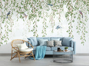 Willow Branches Wall Mural – A serene nature-inspired wallpaper featuring cascading willow branches and birds on a soft background.