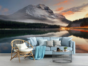 Escape into nature with the Majestic Mountain Lake Wall Mural. Featuring a serene mountain reflection at sunset, perfect for bedrooms and living spaces.