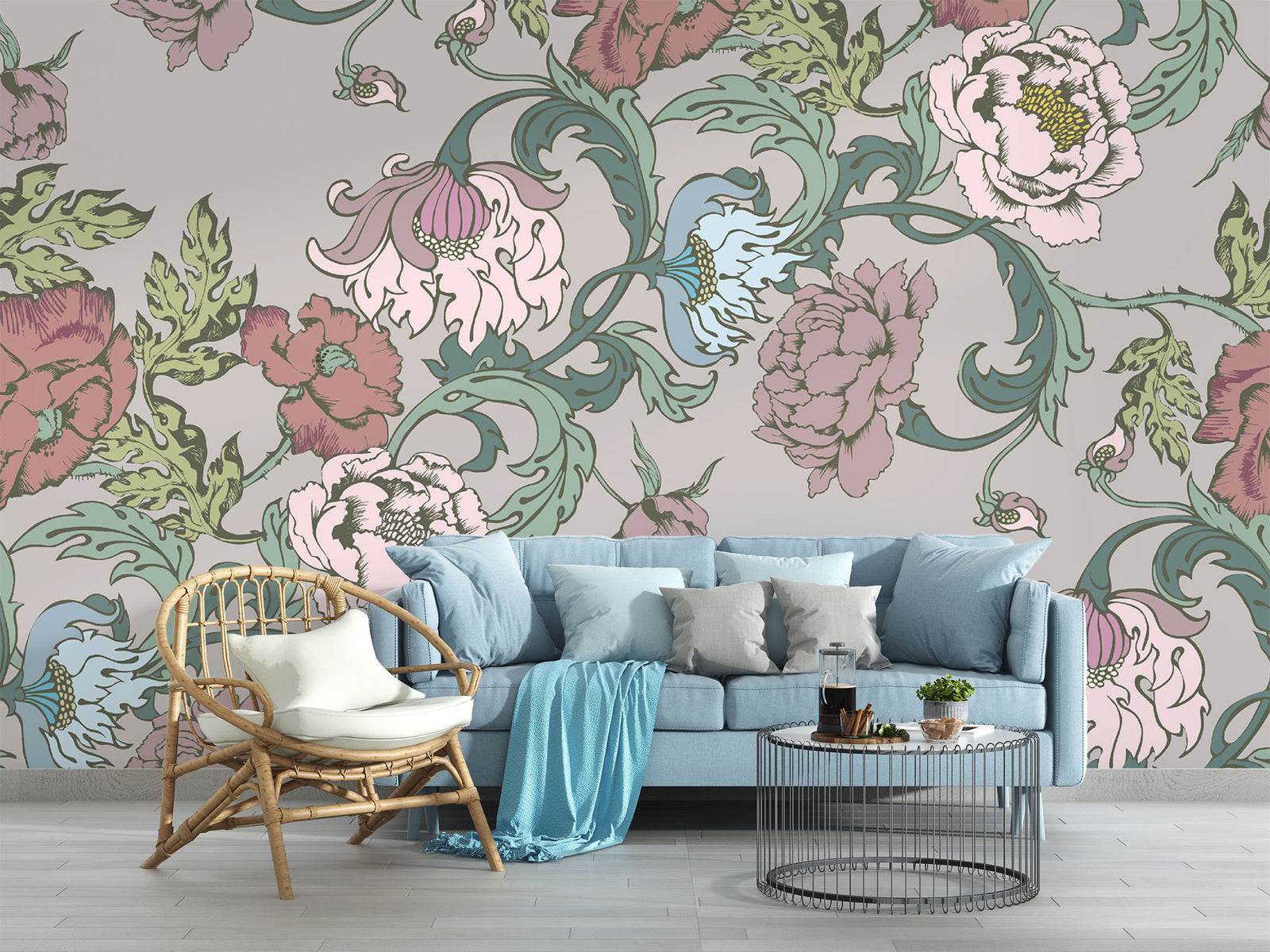Garden bloom wall mural with pastel pink, green, and blue peonies and leaves, styled in a living room with light blue sofa and rattan chair.