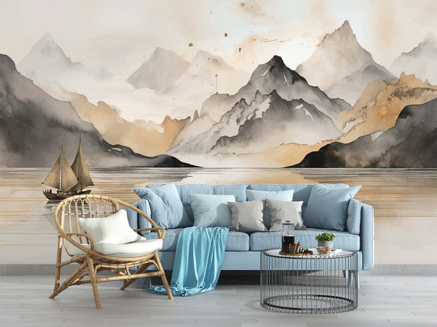 Watercolor Beige Mountain Wall Mural – Hand-Painted Landscape Wallpaper with Misty Peaks, a Sailing Boat, and Soft Earthy Tones for Elegant Interiors.