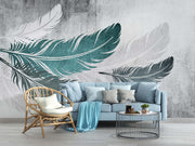 Ethereal Feather Wall Mural – Modern Boho Wallpaper with Floating Teal & White Feathers on a Textured Concrete-Style Background.