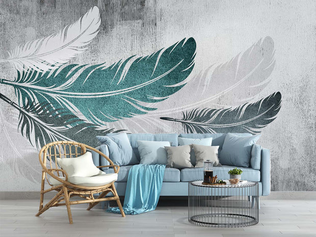 Ethereal Feather Wall Mural – Modern Boho Wallpaper with Floating Teal & White Feathers on a Textured Concrete-Style Background.