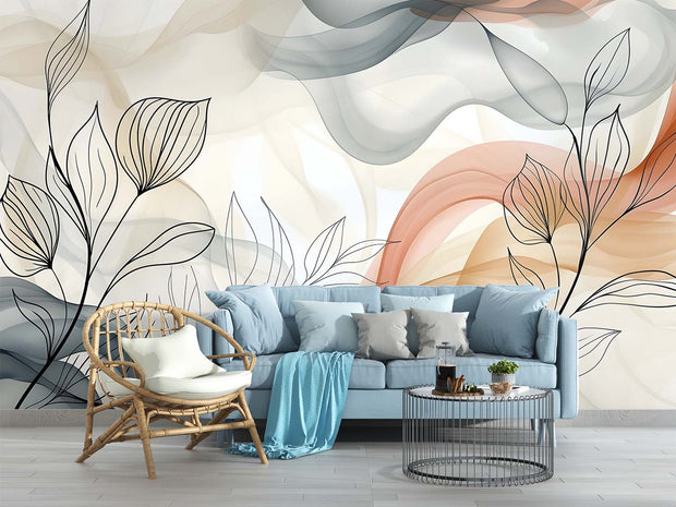 Abstract Botanical Line Art Wall Mural – Minimalist Wallpaper with Fluid Watercolor Waves in Beige, Peach, and Gray with Delicate Leaf Sketches.