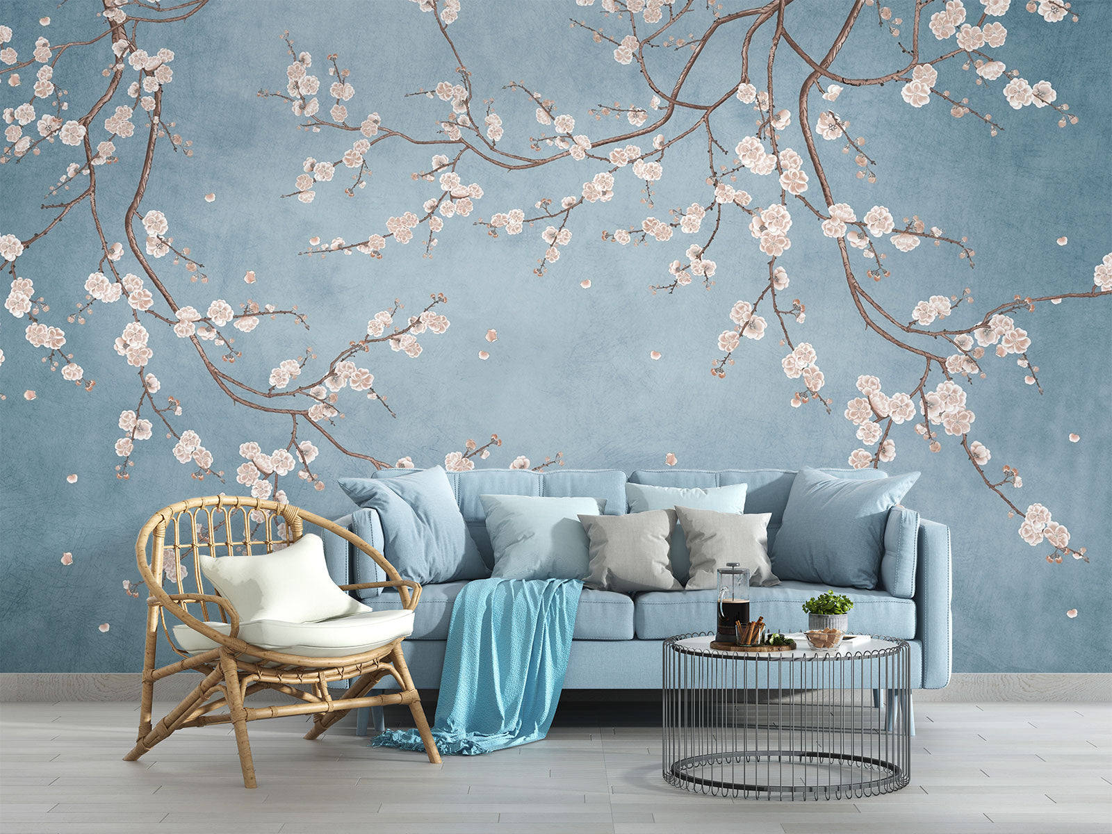 Cherry blossom wall mural with white flowers on twisting branches set against a rich blue background, creating a peaceful and stylish interior decor.
