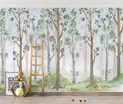 Scandinavian-style woodland forest wall mural featuring tall trees, green leaves, and a soft natural backdrop. Perfect for kids' rooms, nurseries, and peaceful nature-inspired decor.