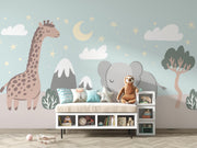 Cute safari wall mural with a giraffe, elephant, and dreamy night sky – perfect for nurseries and kids’ rooms.