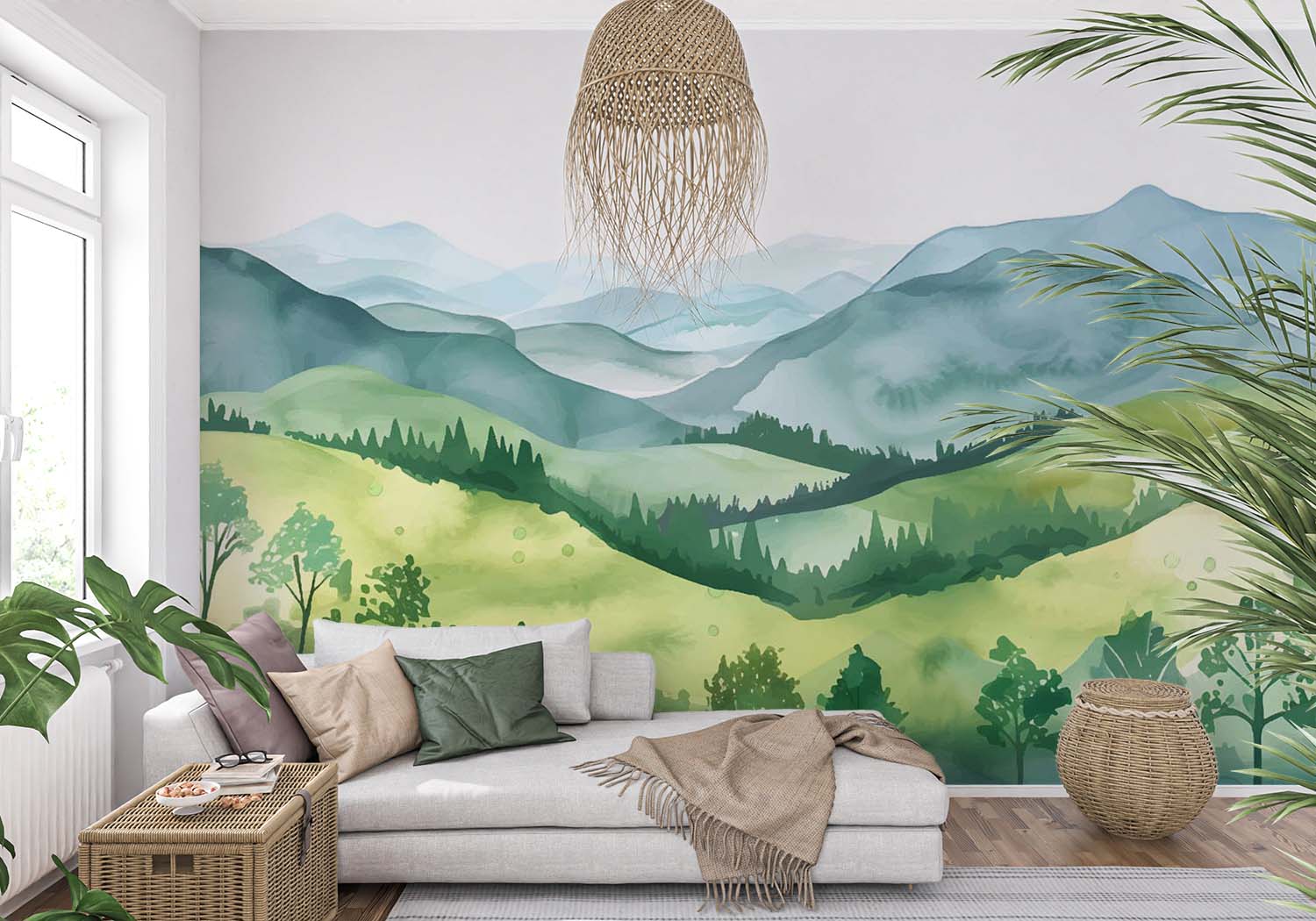 Watercolor green hills wall mural featuring lush rolling landscapes and soft blue mountains, styled in a cozy modern living room with a sofa.
