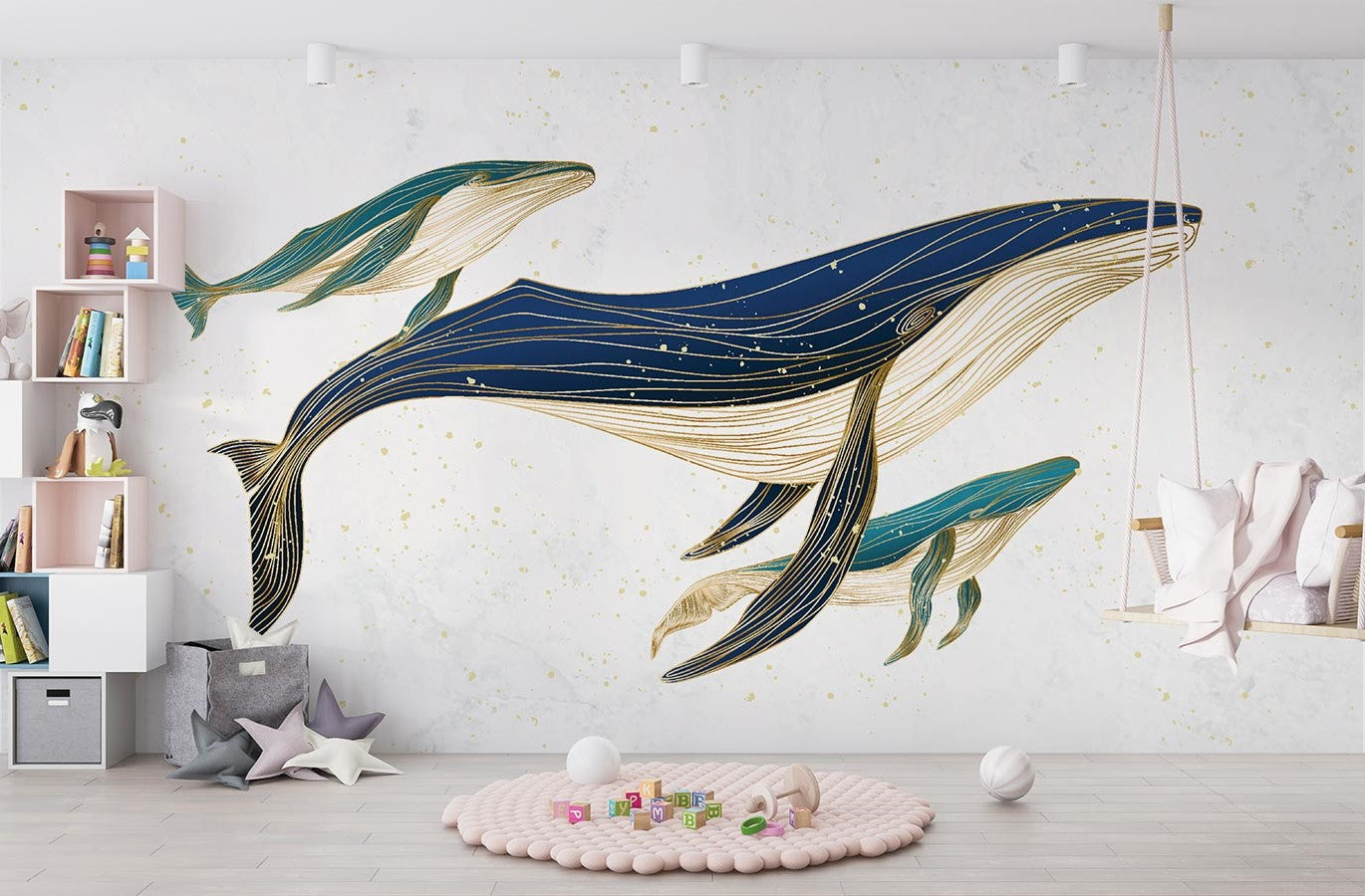 Line art whale mother with children wall mural decorating a kids' room.
