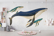 Line art whale mother with children wall mural decorating a kids' room.