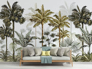 Vintage-style tropical palm tree wall mural with lush green and brown botanical illustrations on a neutral background.