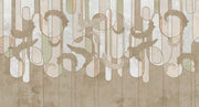 Earthy botanical line art wall mural featuring soft beige, sage green, taupe, and brown tones with intricate botanical swirls and geometric accents.
