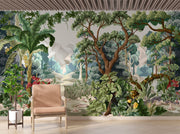 Lush jungle wall mural featuring a mystical forest landscape with dense greenery, exotic plants, and a serene pathway.