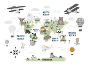Scandinavian style children's world map wall mural with cute animals and airplanes.
