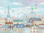 Paris-themed kids’ wall mural with the Eiffel Tower, hot air balloons, colorful rooftops, and kites in soft pastel colors, perfect for a nursery or playroom.