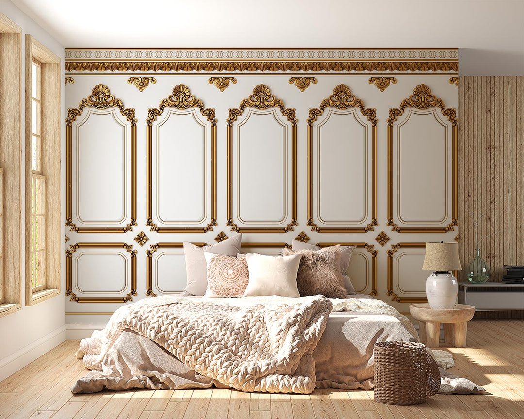 White and Gold Wood Panel Wallpaper Mural image 2