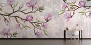 Pink Magnolia Wall Mural with blooming branches on a textured background in a minimalist study.