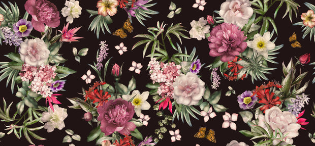 Full artwork view of romantic floral mural with layered flowers, greenery, and butterflies.