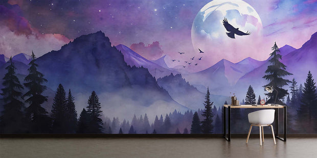 Mystical Moonlit Mountain Wall Mural – Celestial Landscape Wallpaper with a Glowing Full Moon, Birds in Flight, and Twilight Mountain Peaks in Dreamy Purple and Blue Tones.
