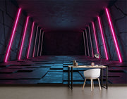 Futuristic Neon Tunnel Wall Mural – 3D Cyberpunk-Inspired Wallpaper with Pink Neon Lights, Geometric Paneling, and Sci-Fi Aesthetic for Gaming and Modern Interiors.