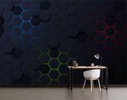Futuristic Hexagonal Grid Wall Mural – 3D LED-Inspired Honeycomb Wallpaper with RGB Lighting Effects in Blue, Green, and Red for Gaming and Modern Interiors.