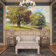 Hand-painted style wall mural featuring golden trees, a countryside meadow, and a walking path under a soft sky.