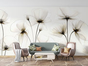 Elegant transparent floral wall mural with delicate, translucent flowers in soft neutral tones, perfect for modern minimalist interior decor.