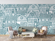 Sketch house wall mural featuring hand-drawn village-style houses with rooftops and windows, creating a cozy and artistic room atmosphere.