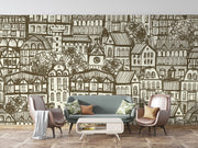 Sketch town wall mural featuring hand-drawn urban houses and rooftops, creating a nostalgic and artistic living room ambiance.