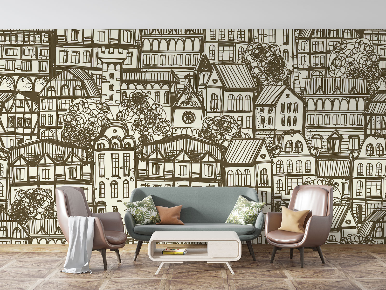 Sketch town wall mural featuring hand-drawn urban houses and rooftops, creating a nostalgic and artistic living room ambiance.