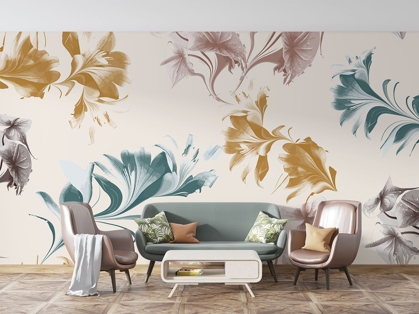 Abstract watercolor floral wall mural with oversized botanical patterns in gold, teal, and taupe tones, perfect for modern and artistic interior decor.