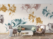 Abstract watercolor floral wall mural with oversized botanical patterns in gold, teal, and taupe tones, perfect for modern and artistic interior decor.