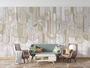 Elegant abstract line art wall mural with soft sage green, beige, and gold botanical-inspired details, ideal for modern and minimalist interior decor.