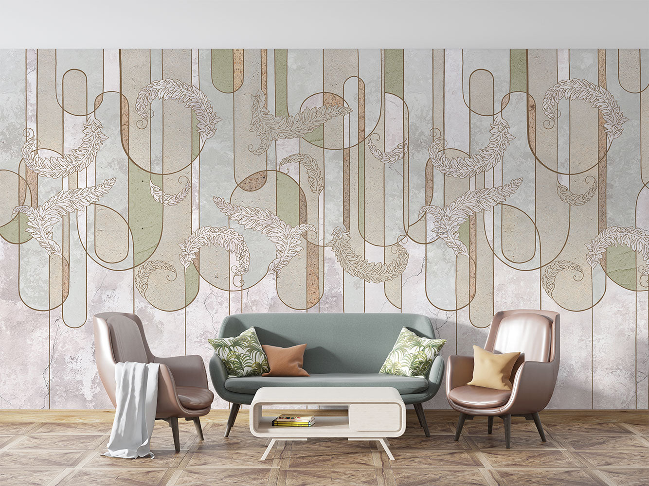 Elegant abstract line art wall mural with soft sage green, beige, and gold botanical-inspired details, ideal for modern and minimalist interior decor.