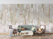 Elegant abstract line art wall mural with soft sage green, beige, and gold botanical-inspired details, ideal for modern and minimalist interior decor.